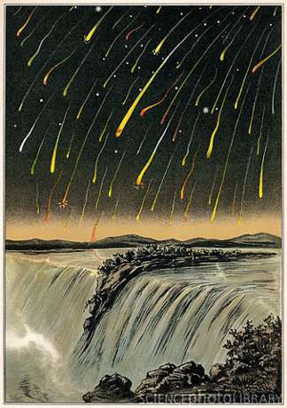 Leonida meteorok a Niagara-vízesés felett a raj 1833-as kitörésekor.